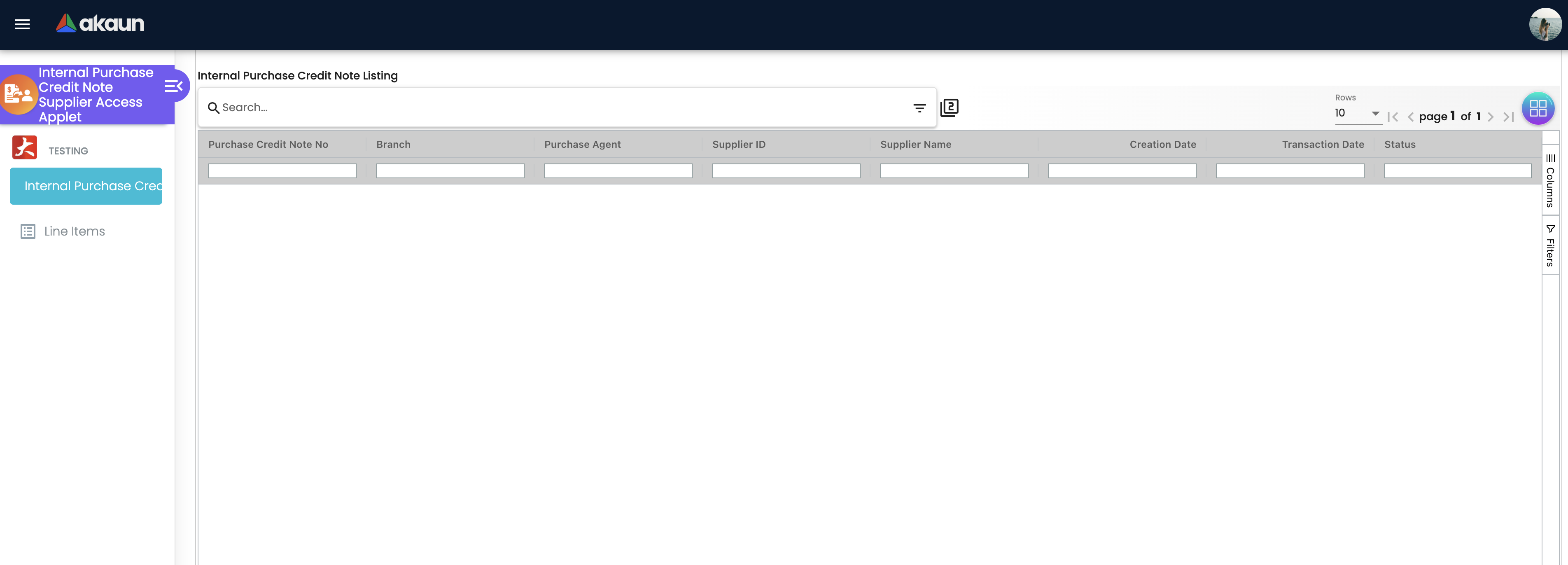 Purchase Credit Note Listing Screen