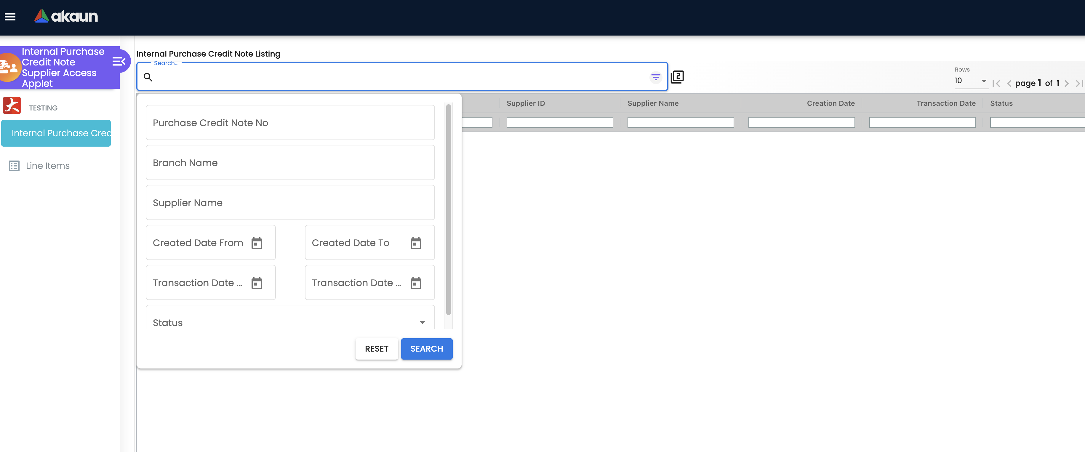 Credit Note Listing Search and Filter Panel
