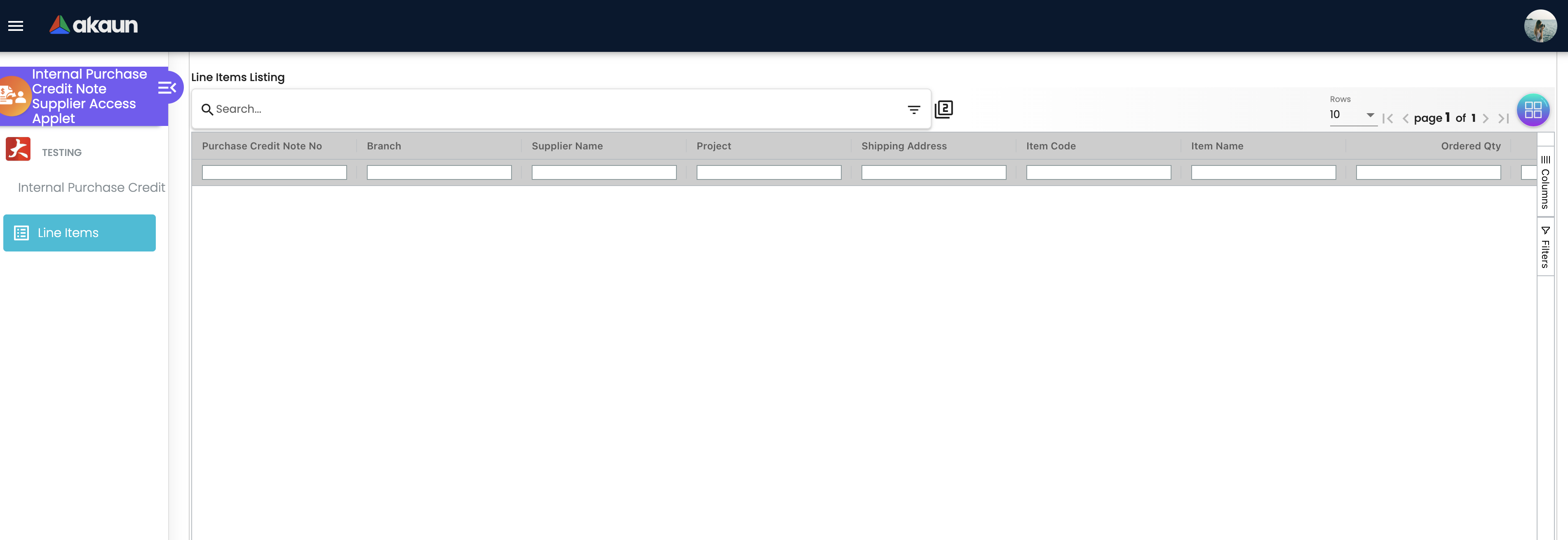 Line Items Listing Screen