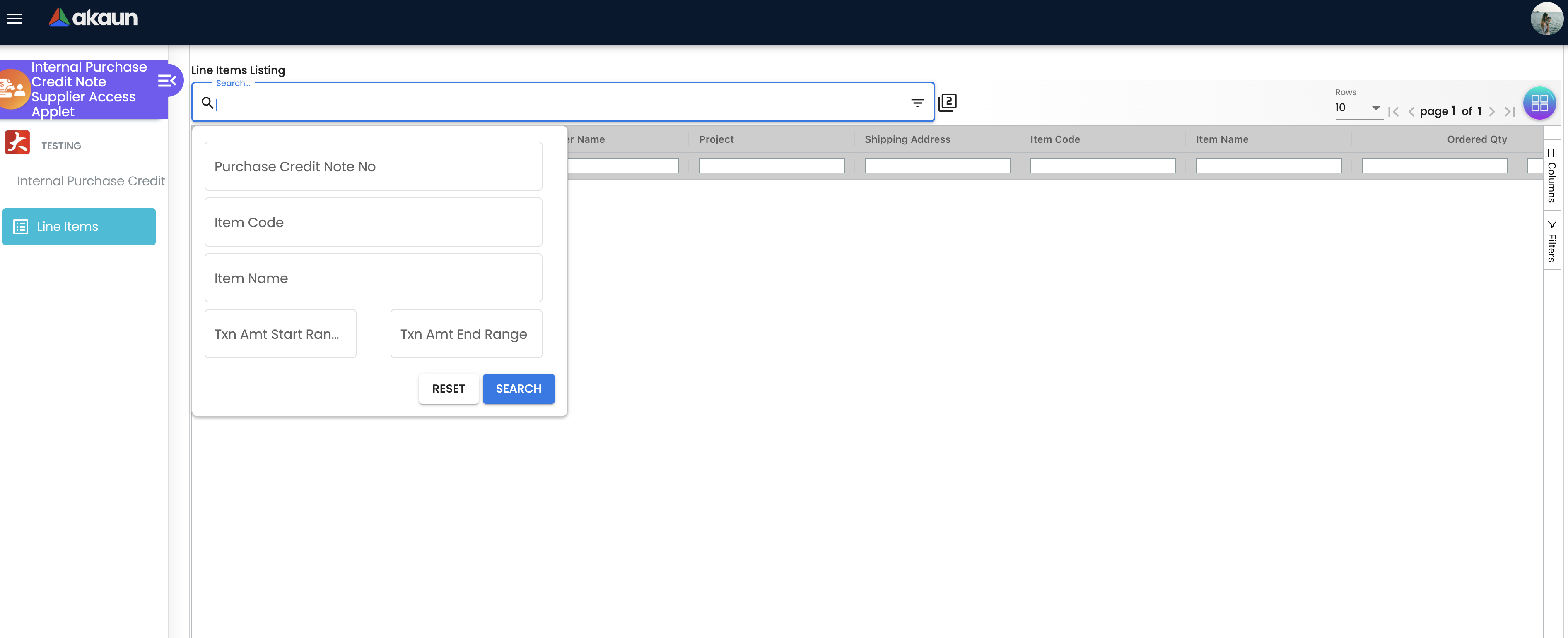 Line Items Search and Filter Panel