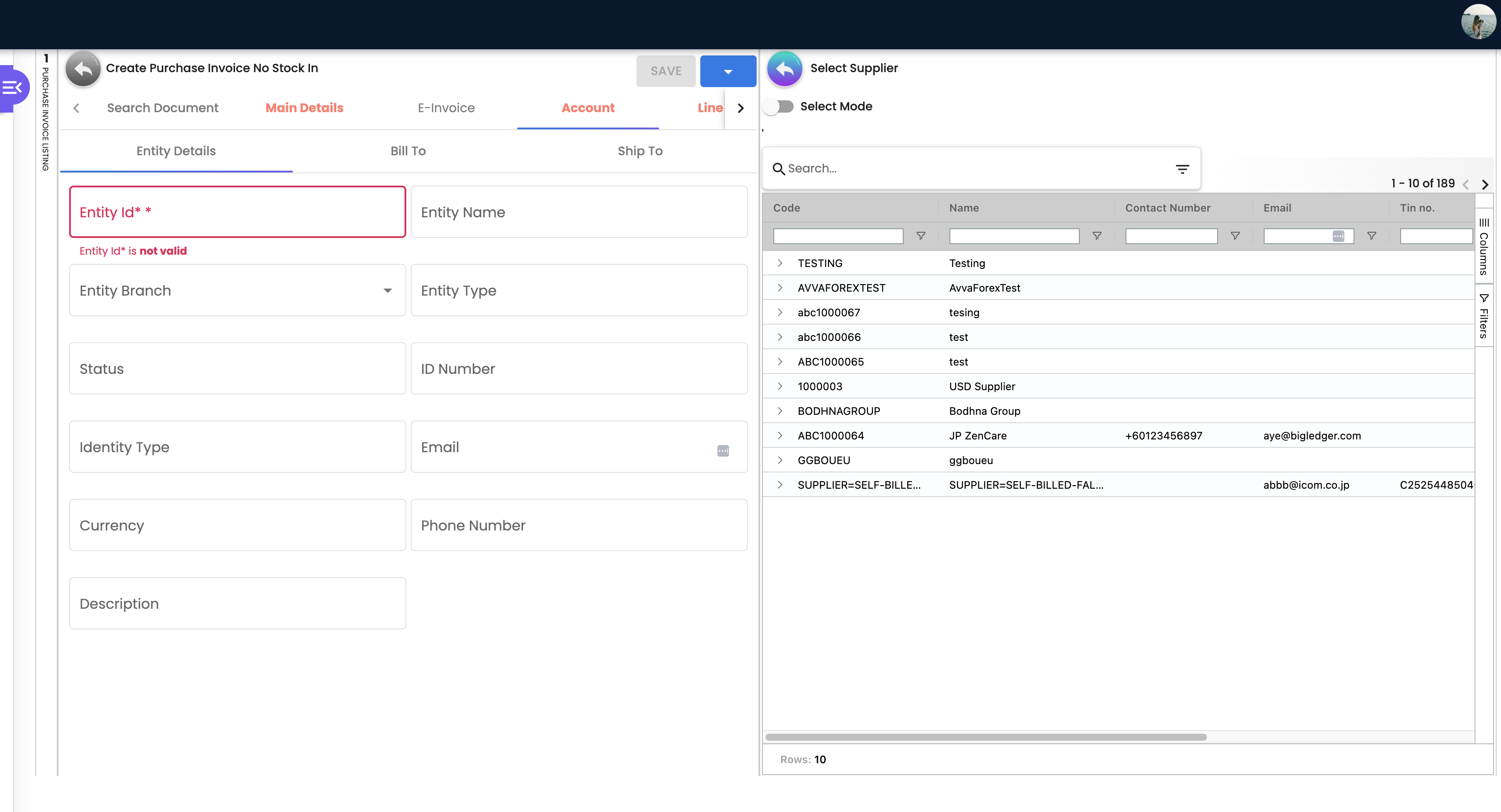 Create Invoice - Account Tab with Supplier Selection