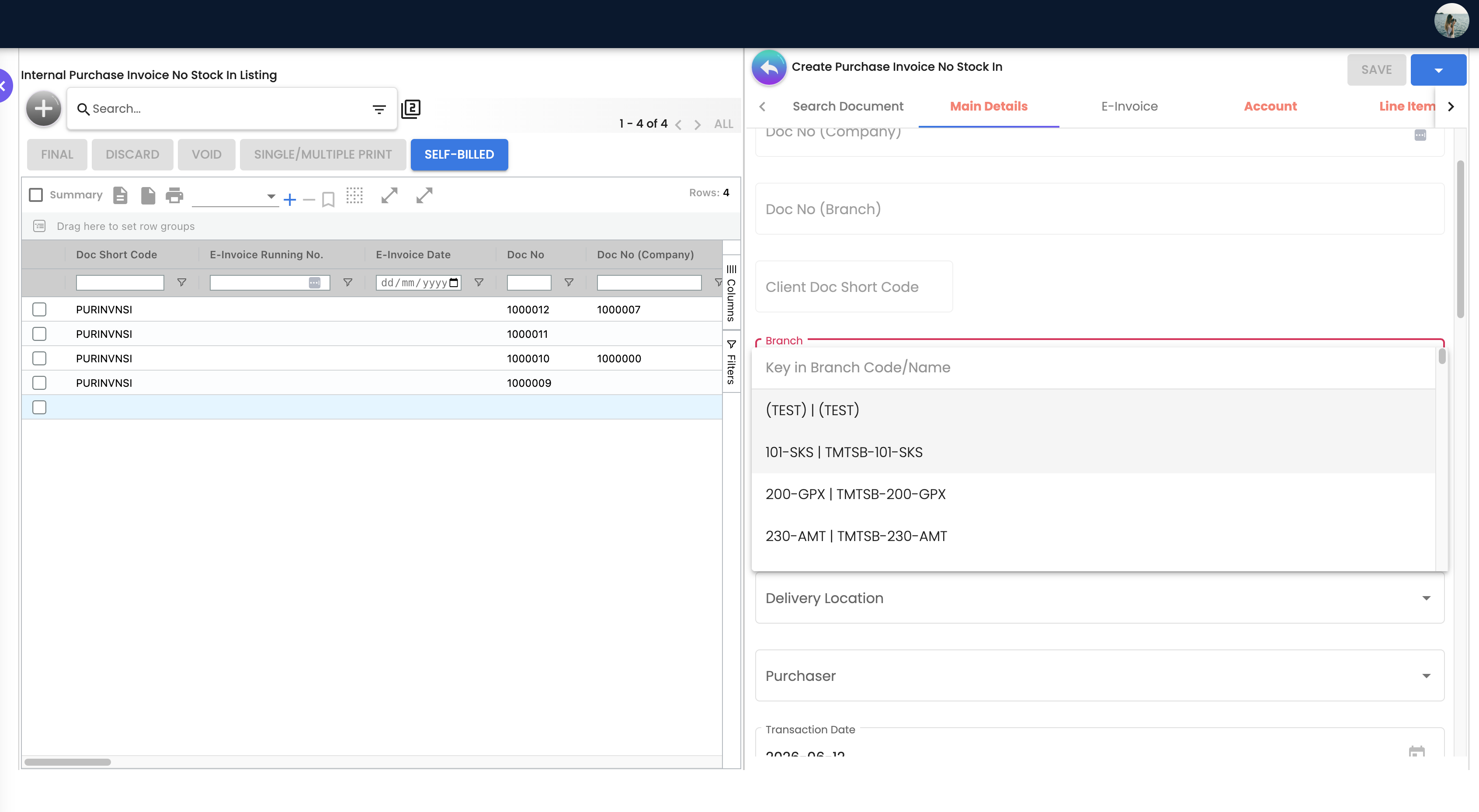 Create Invoice - Main Details Tab