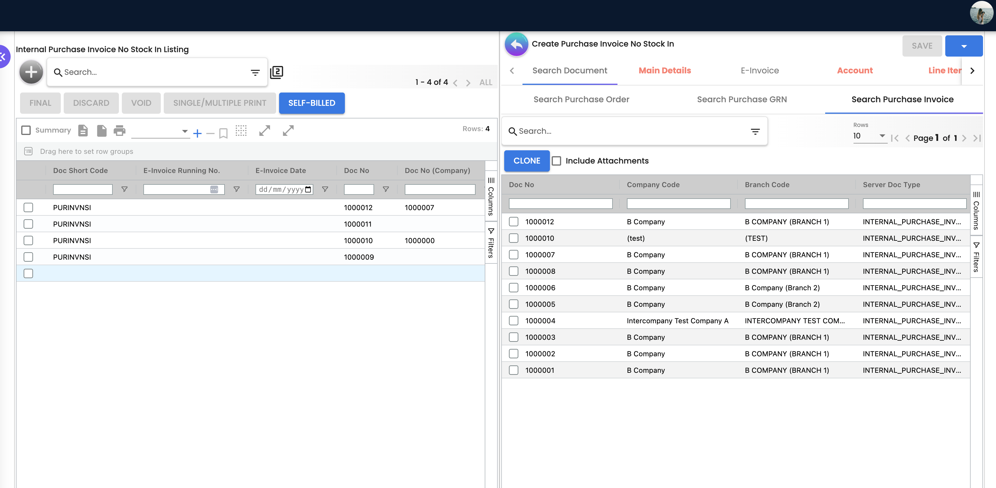 Create Invoice - Search Document Tab