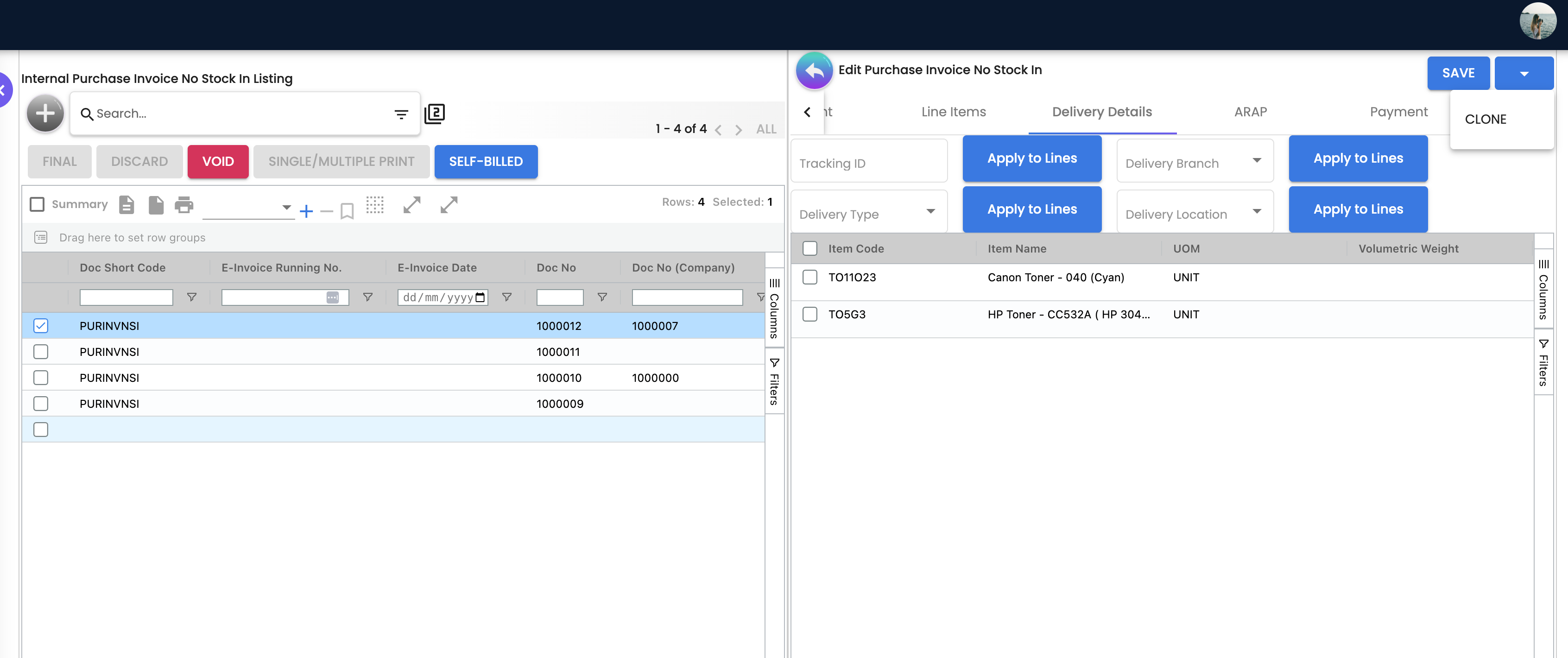 Edit Invoice - Delivery Details Tab