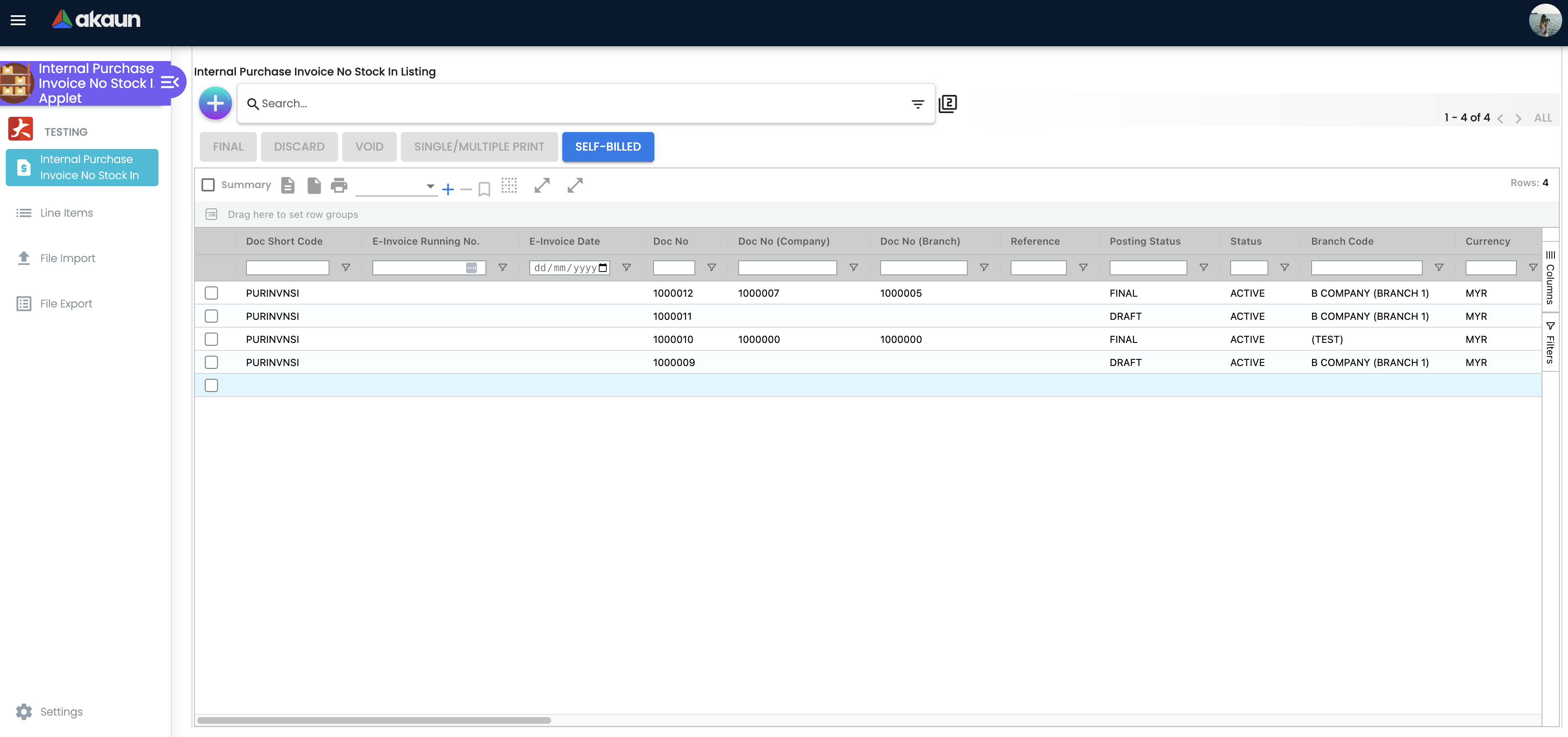 Invoice Listing Screen