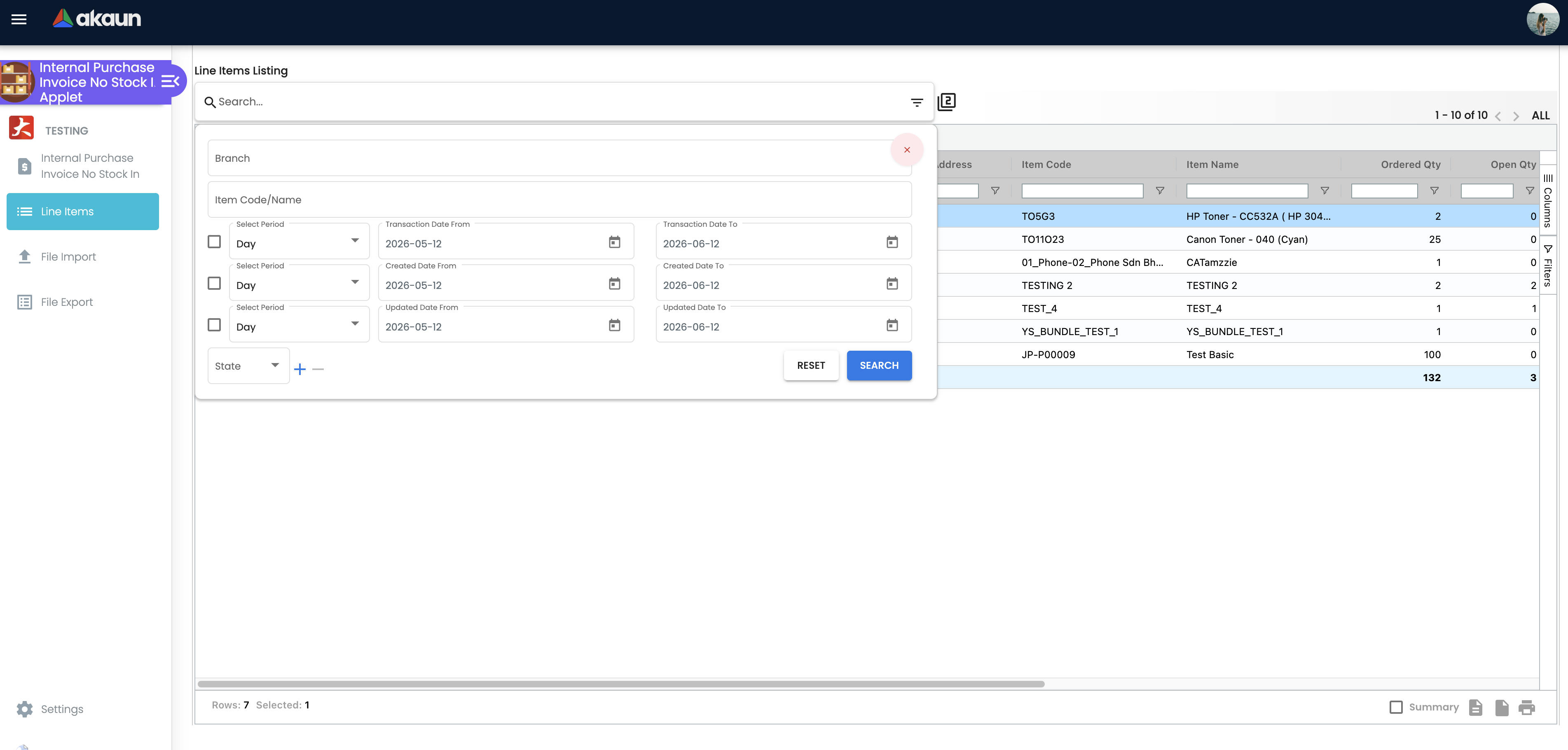 Line Items Search and Filter Panel