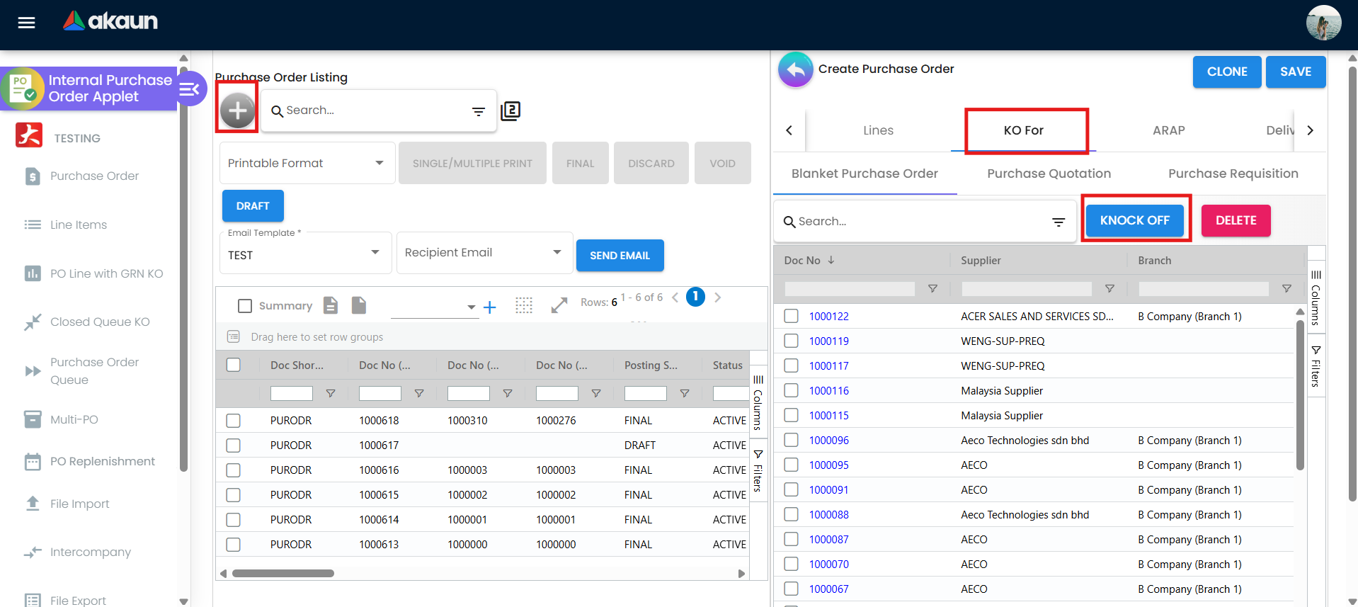 Purchase Order (Internal) listing and Create Purchase Order screen with KO For tab and KNOCK OFF button highlighted