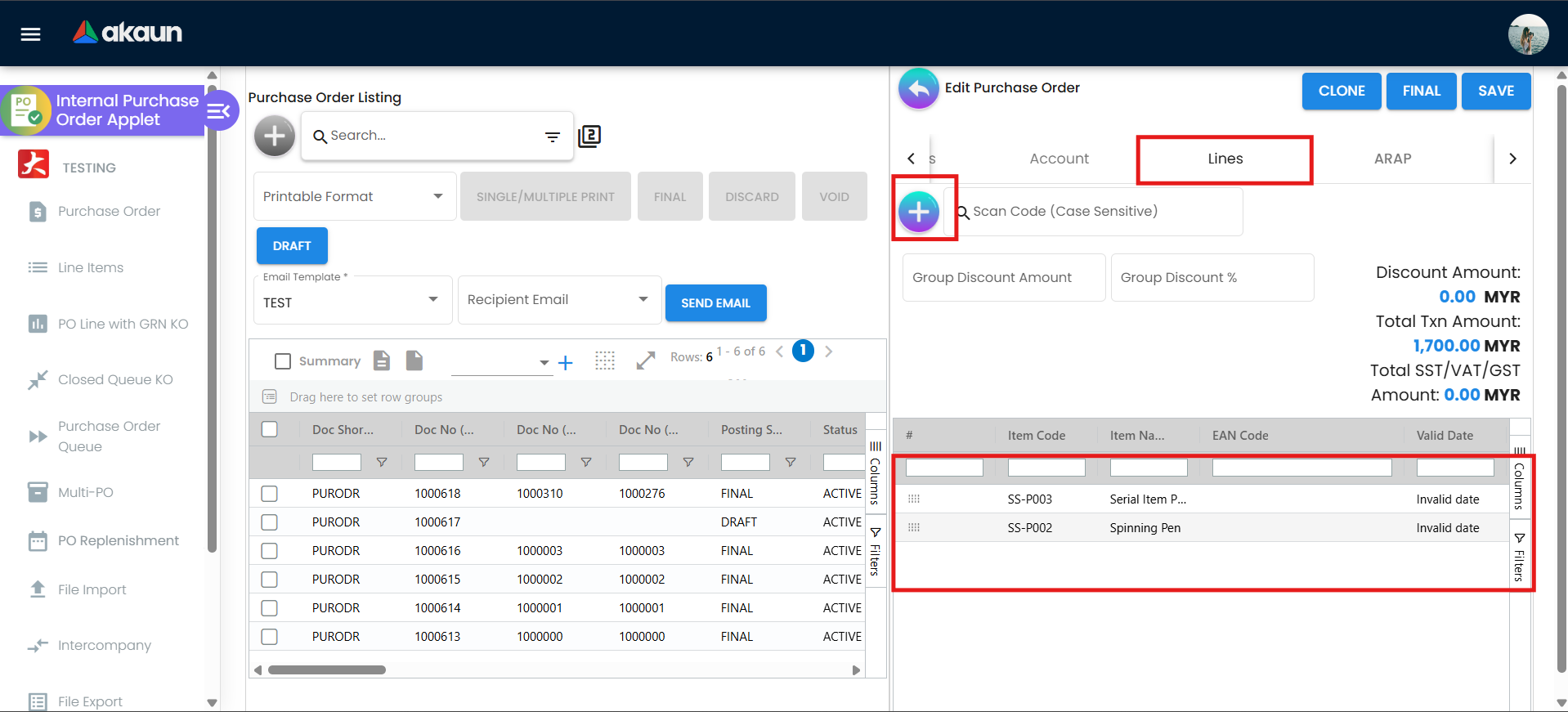 Edit Purchase Order screen with Lines tab and imported line items highlighted