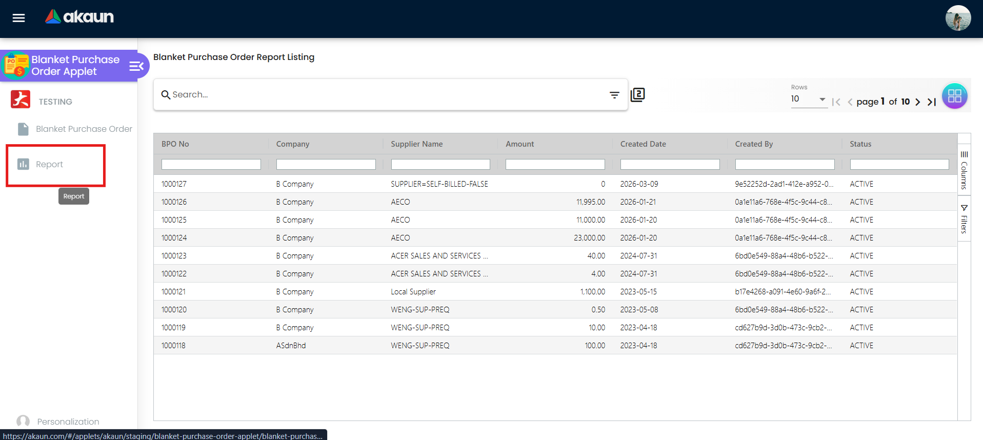 Blanket Purchase Order Report Listing screen showing report menu and report grid