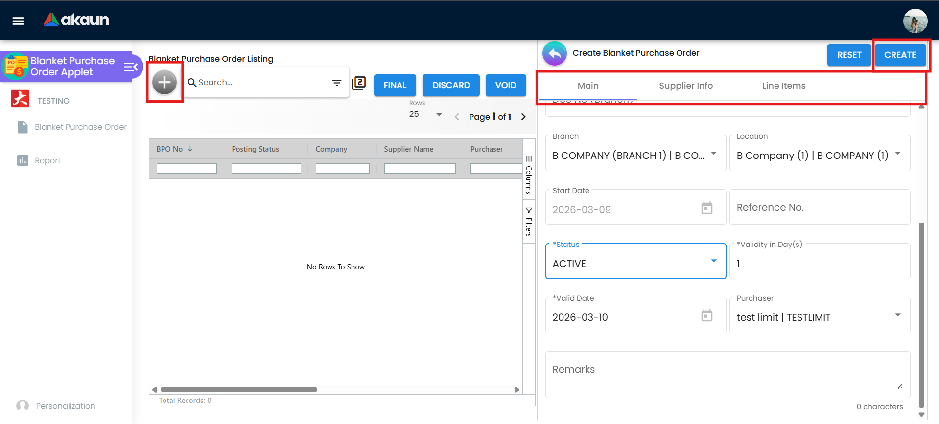 Blanket Purchase Order Listing showing agreement summary with Supplier, Valid From/To, Maximum Amount, and Status columns
