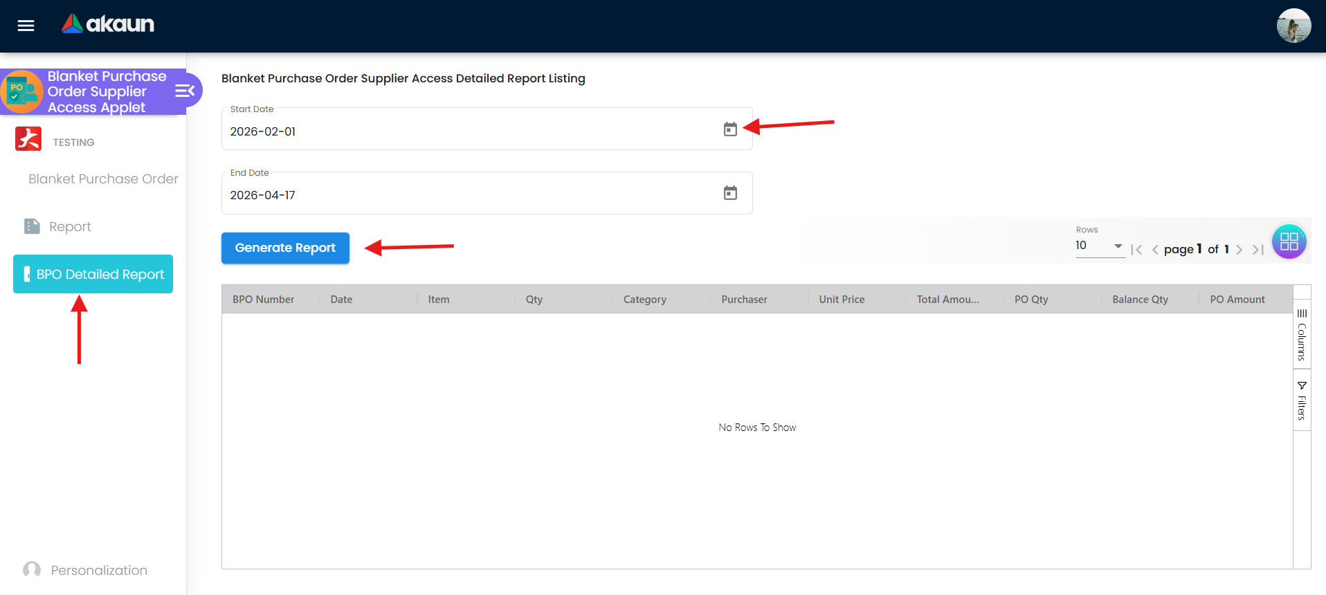BPO Detailed Report screen with Start Date, End Date, and Generate Report