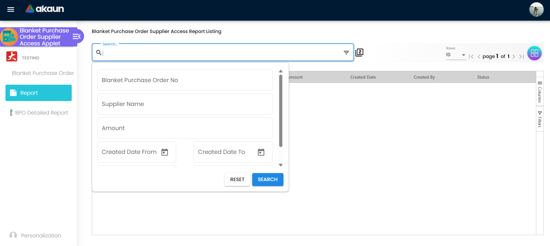 Blanket Purchase Order Supplier Access Report Listing with advanced search and filters