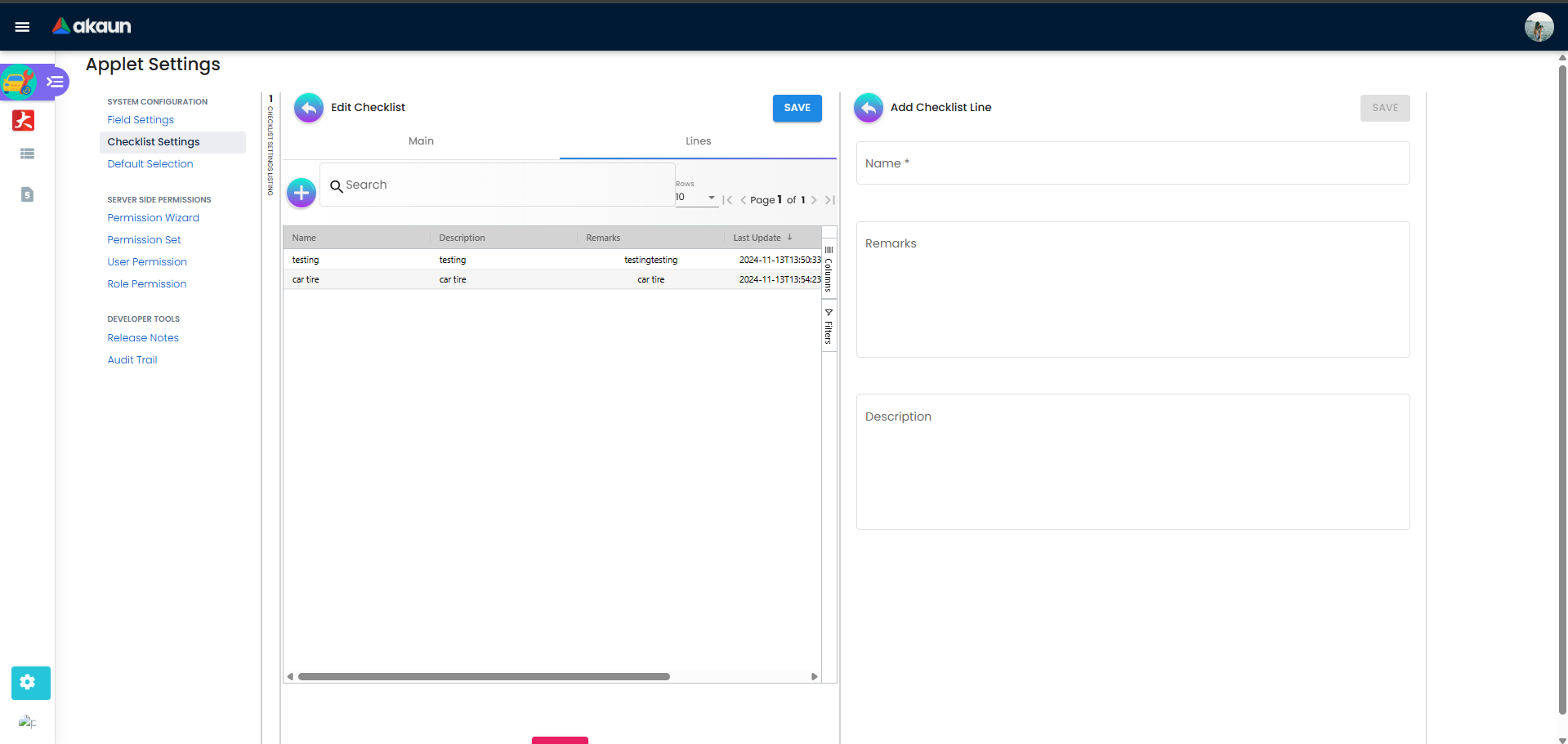 Add checklist line form with name, remarks, and description fields