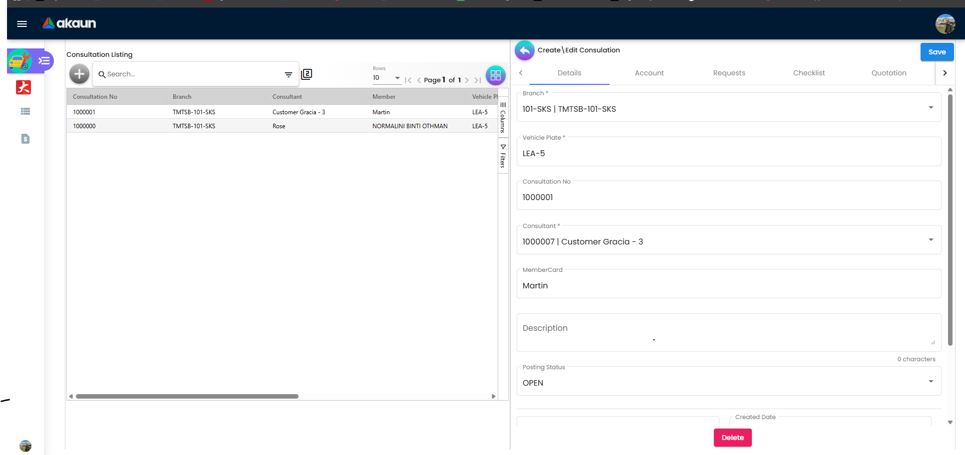 Create or edit consultation details tab with branch, vehicle plate, consultant, member card, and posting status