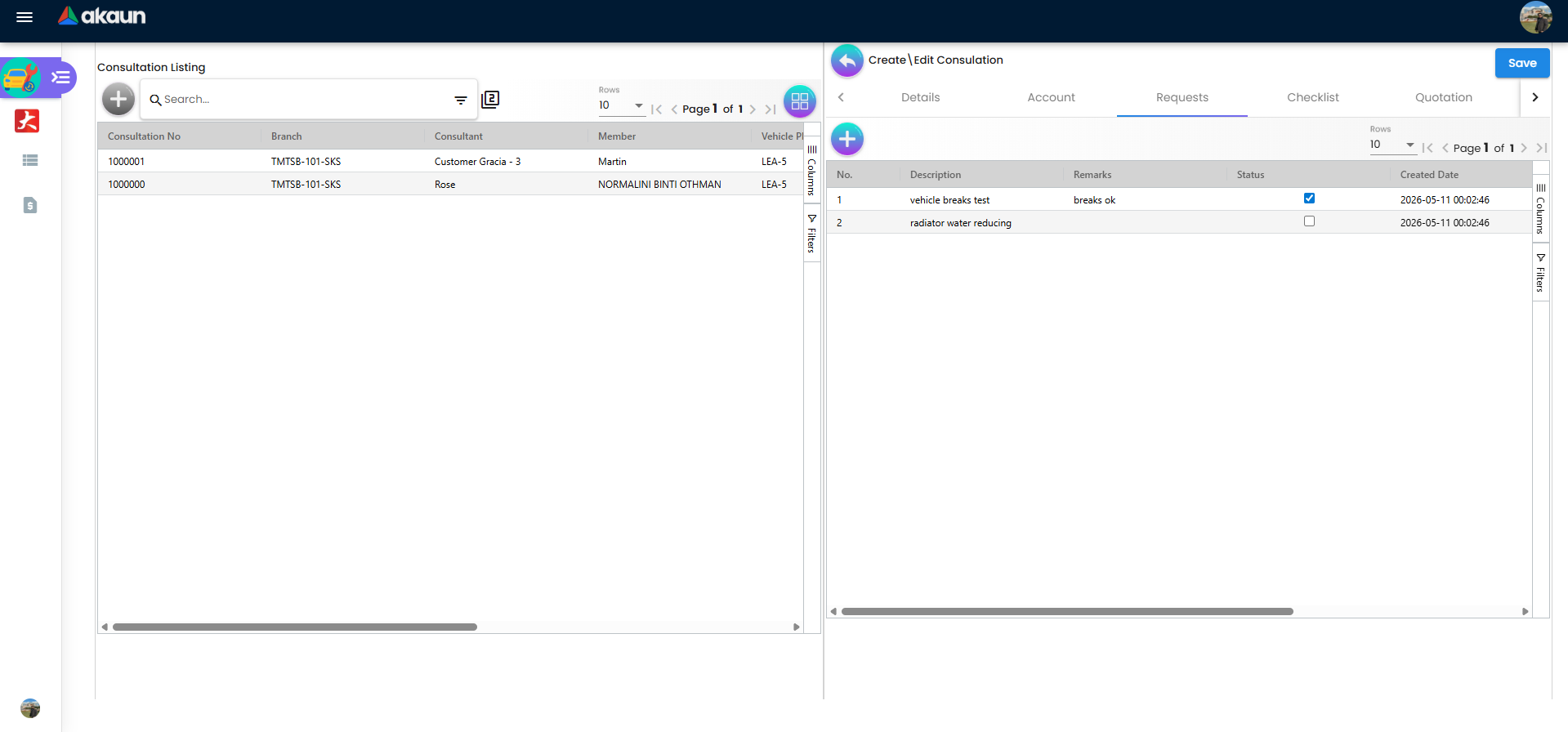 Consultation requests tab showing issue descriptions, remarks, status flags, and created date