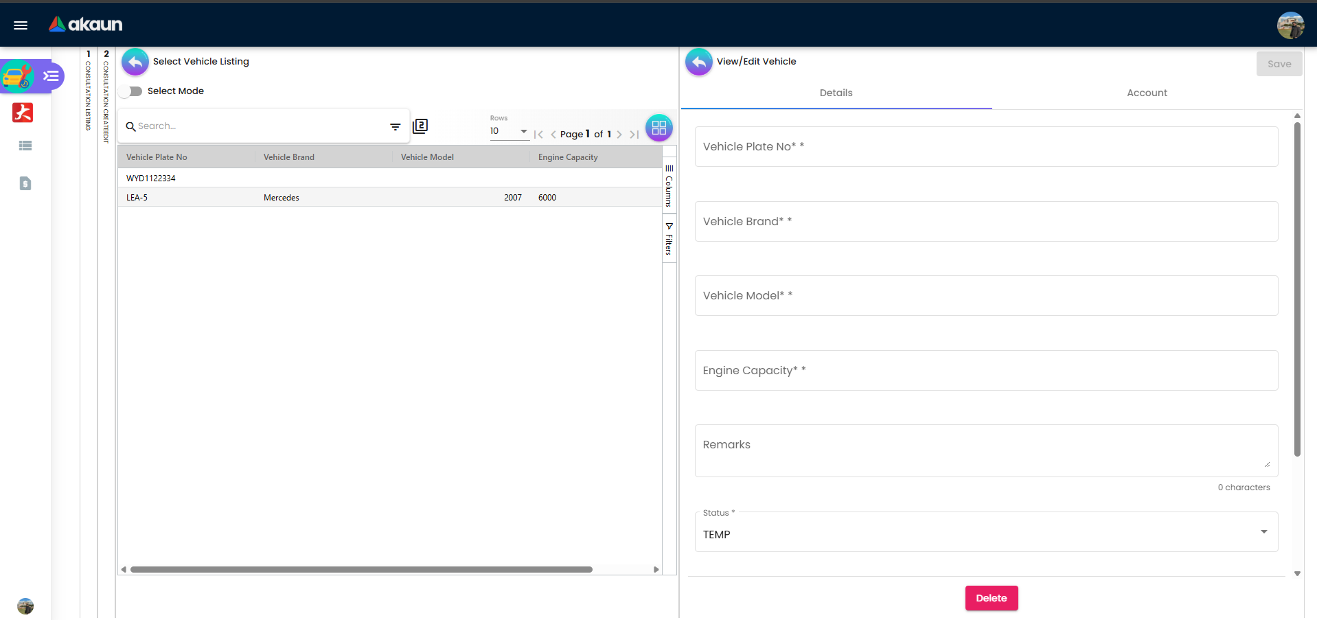 Create or edit consultation with side panel vehicle selection and select mode options
