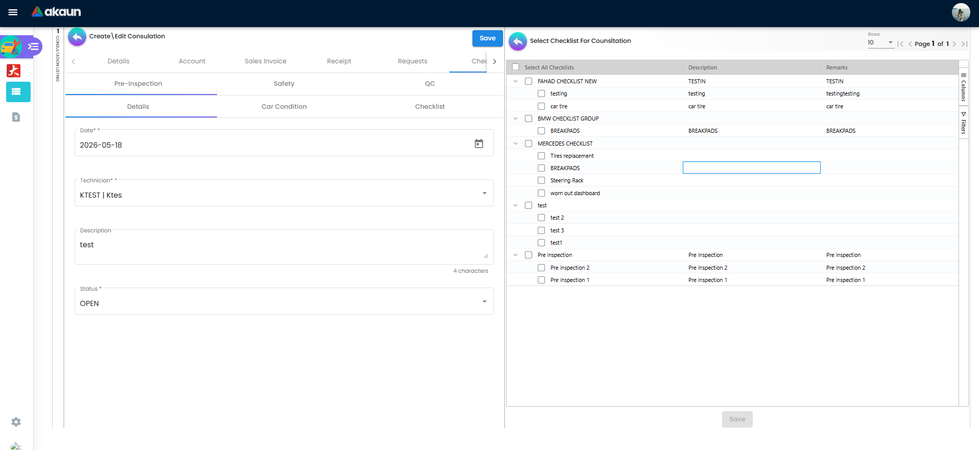 Checklist selection panel showing predefined checklist groups and selectable checklist lines
