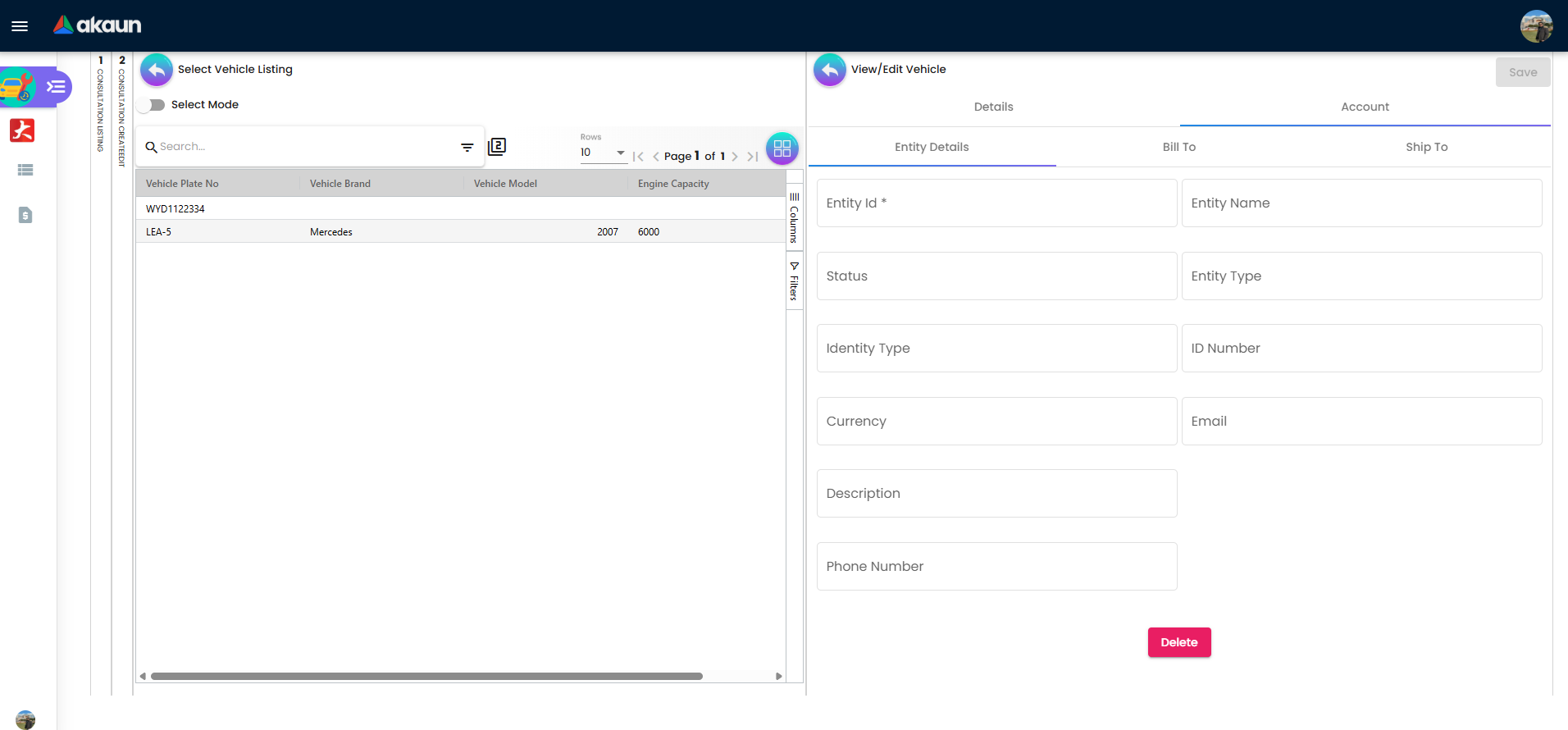 View or edit vehicle account tab with entity details and bill-to or ship-to fields