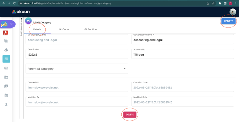 GL Category edit view with the GL Section tab open and Assets selected as parent