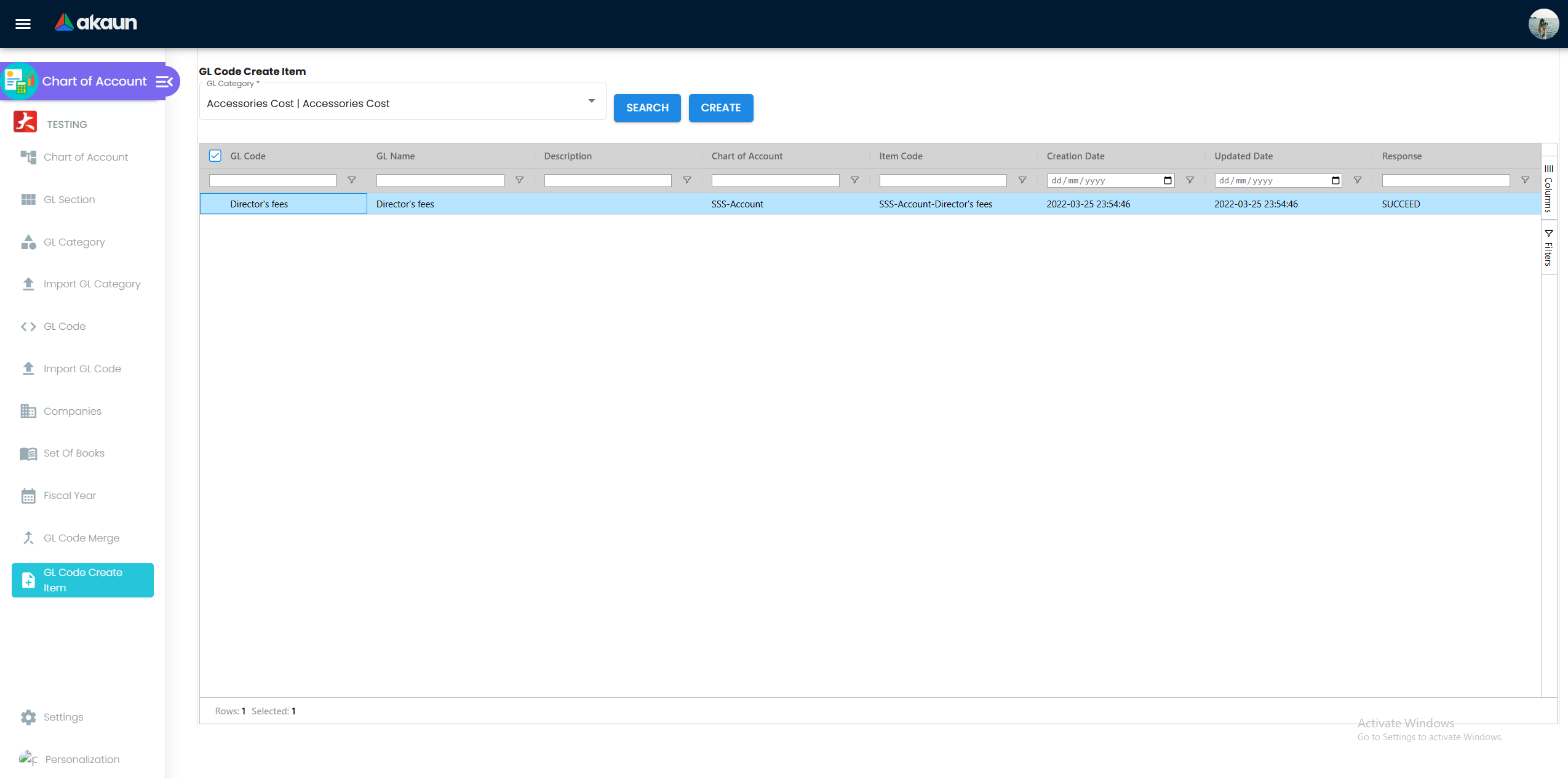 GL Code Create Item screen - select a GL Category, search GL Codes, and generate saleable Items linked to each code