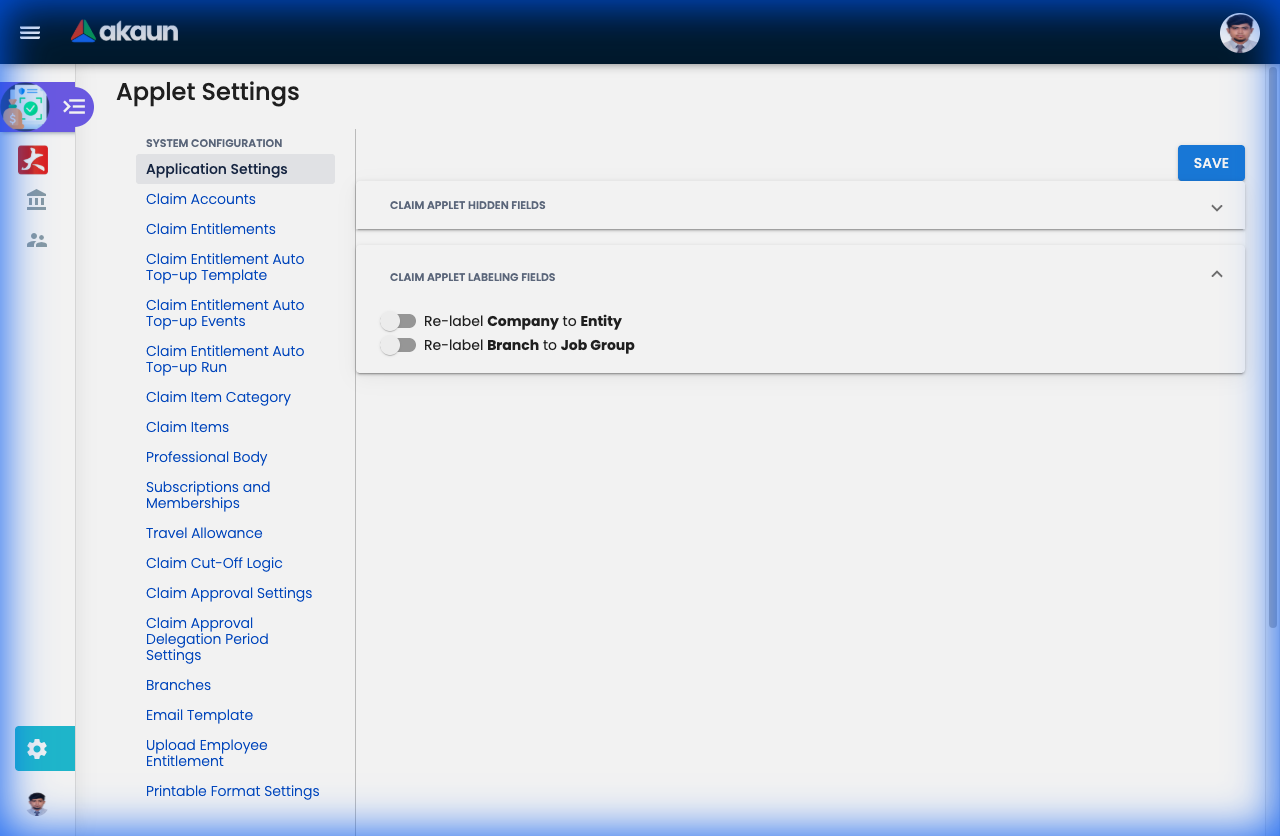 Application Settings screen with hidden-field and relabel toggles