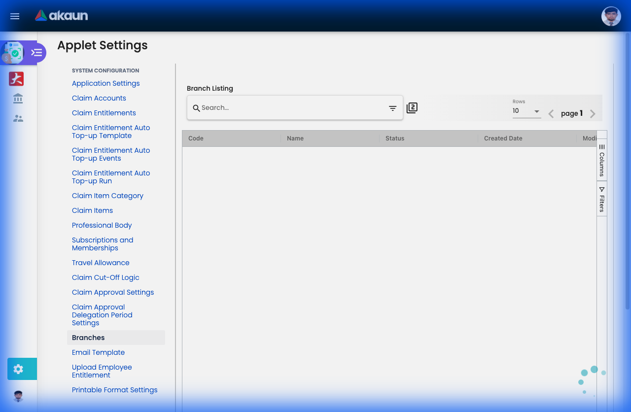 Branches Settings showing office locations and cost centers