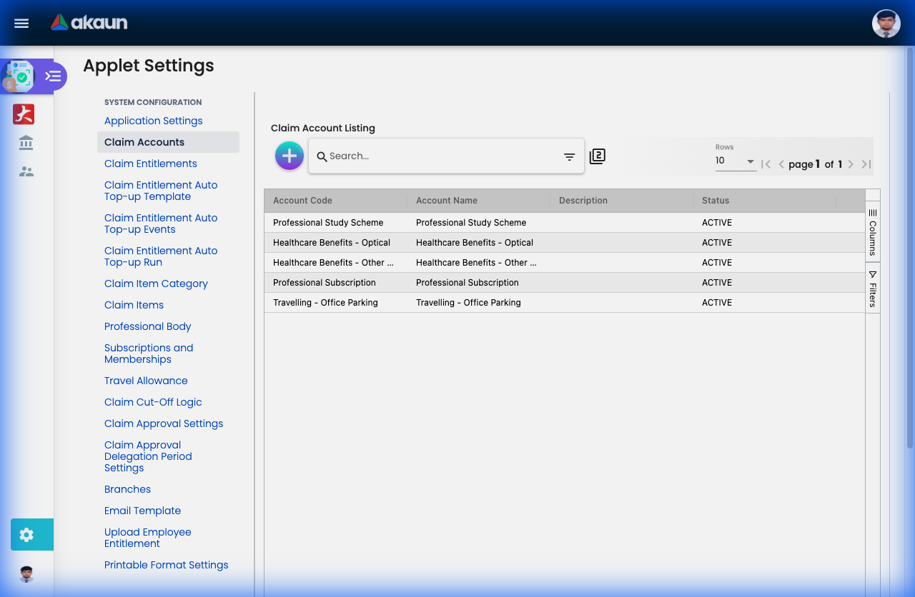 Claim Accounts Settings showing configured funds