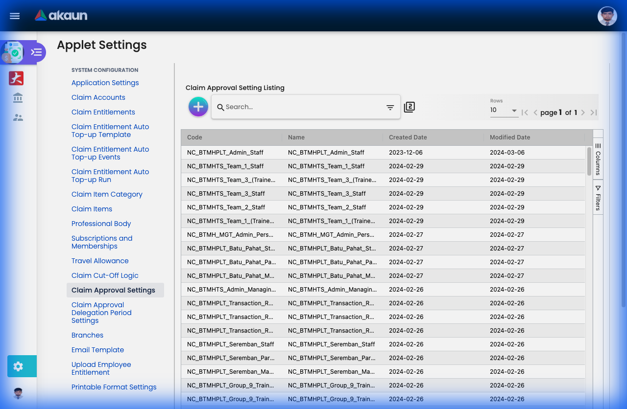 Claim Approval Settings showing approval workflow configurations