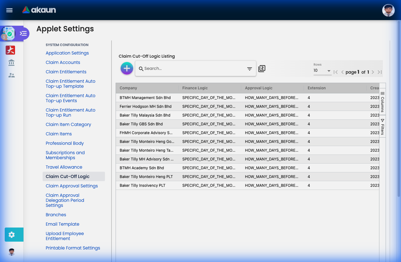 Claim Cut-Off Logics settings showing cut-off date configurations