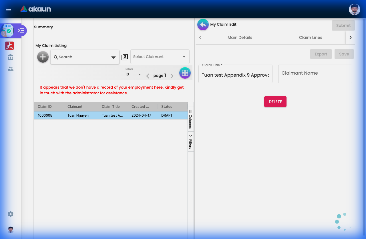 Claim Edit Form with Main Details and Claim Lines tabs
