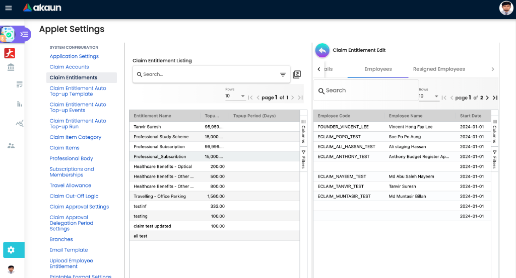 Claim Entitlements Settings showing entitlement configurations