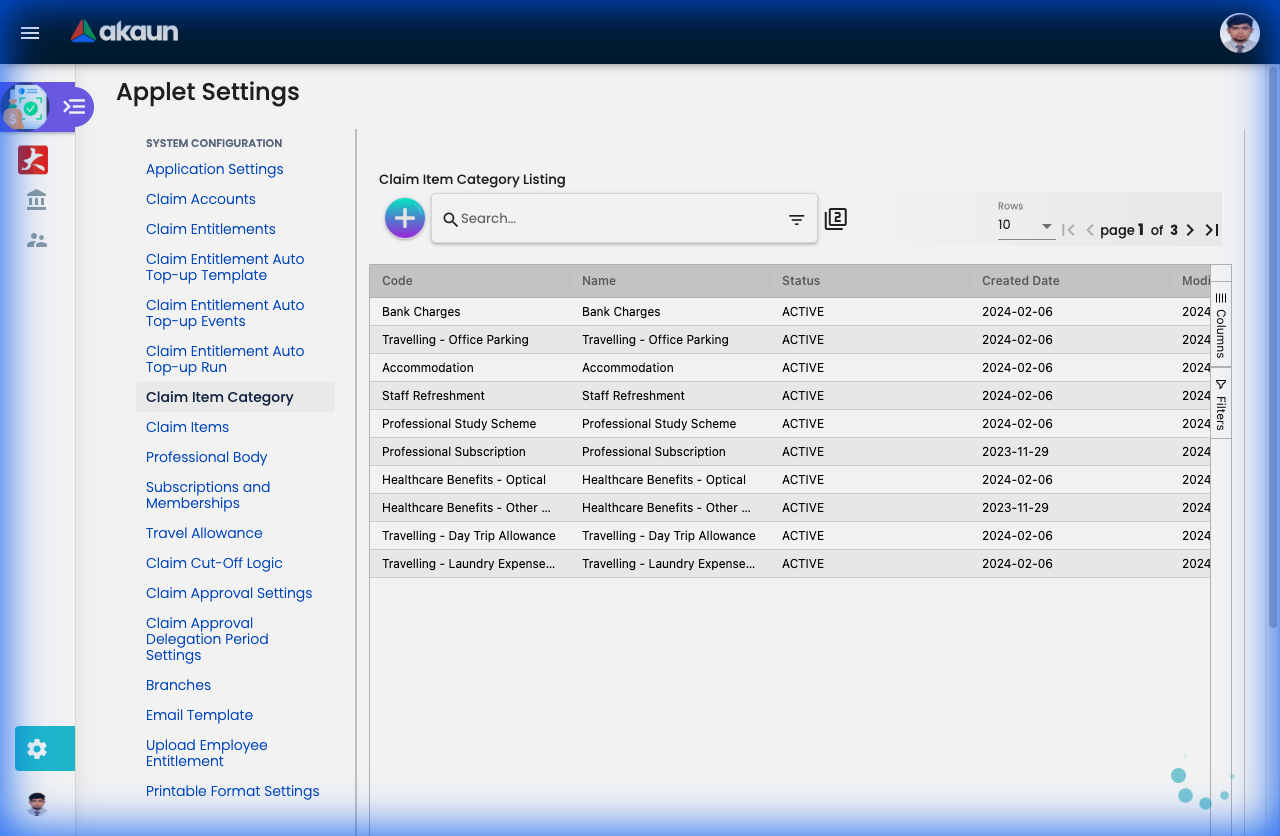 Claim Item Category Listing showing expense categories