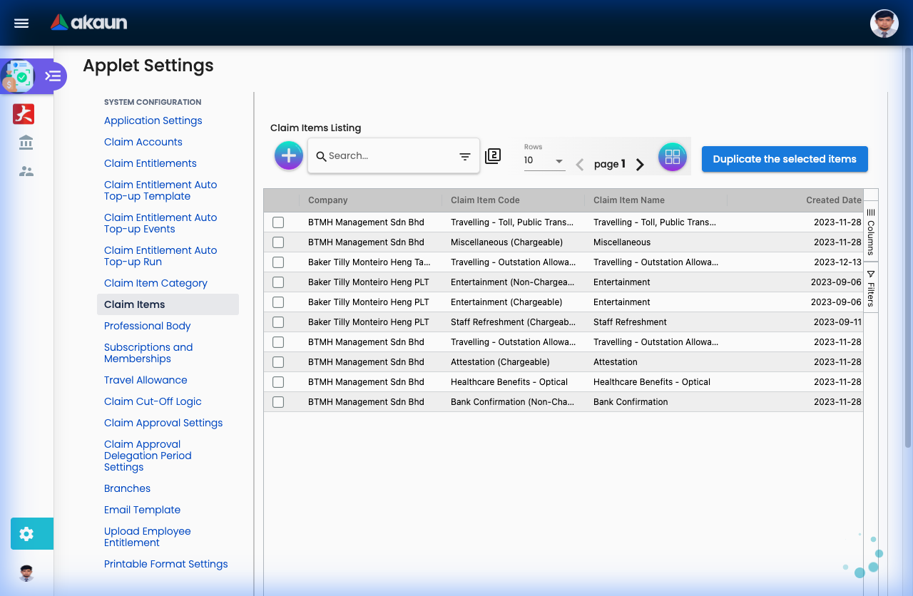 Claim Items Listing showing all configured expense types
