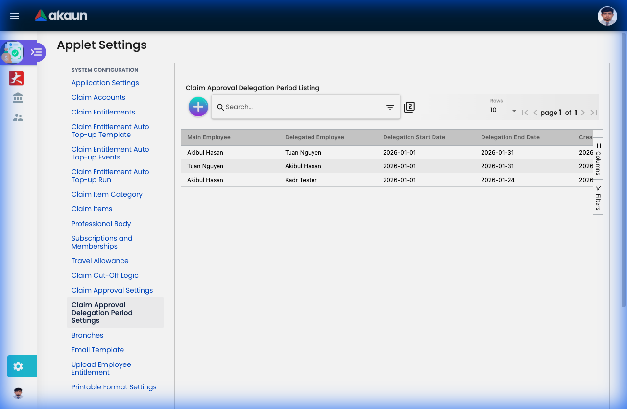 Claim Approval Delegation Period Settings