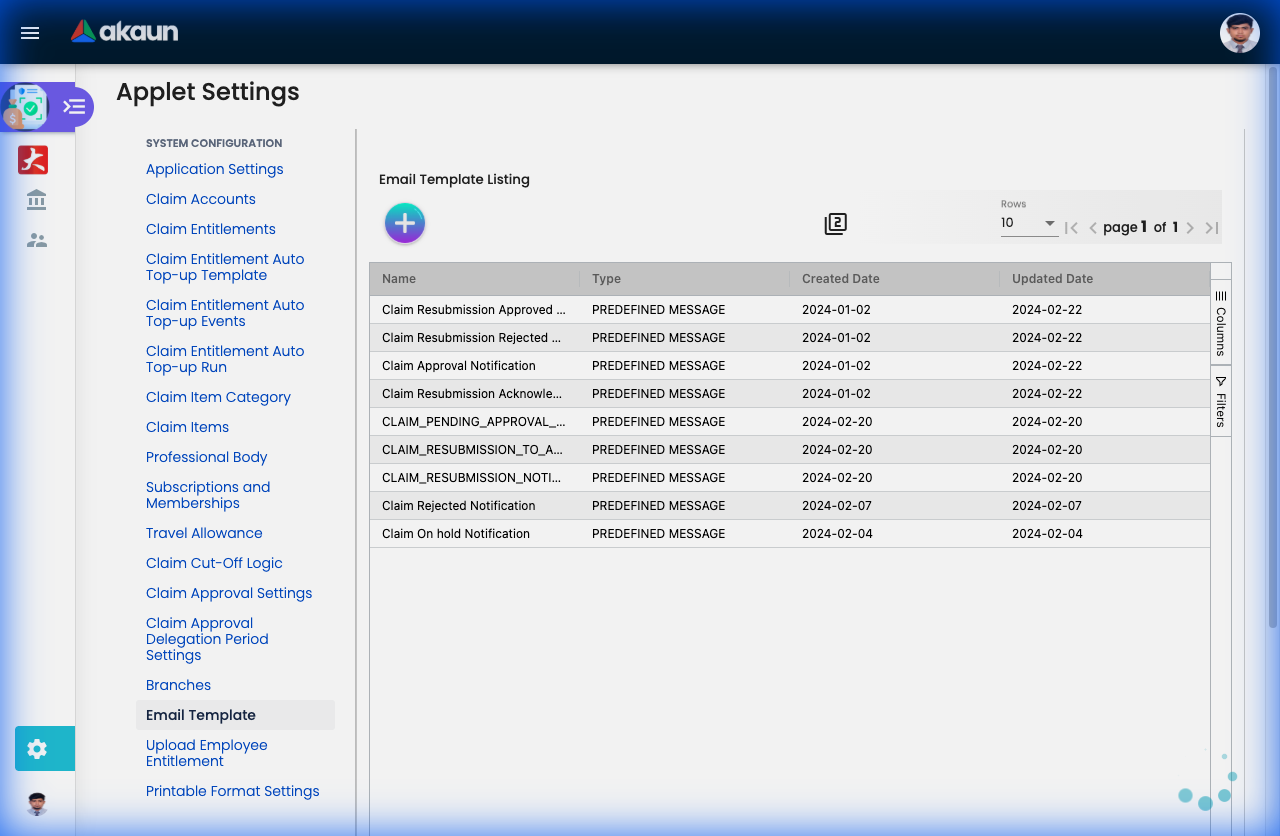 Email Template Settings showing notification templates