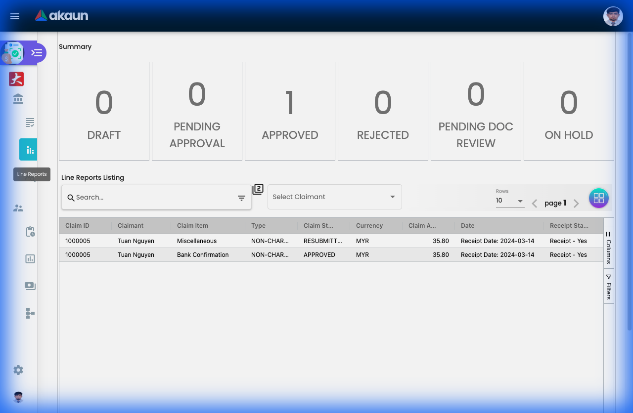 Line Reports Listing showing individual expense items