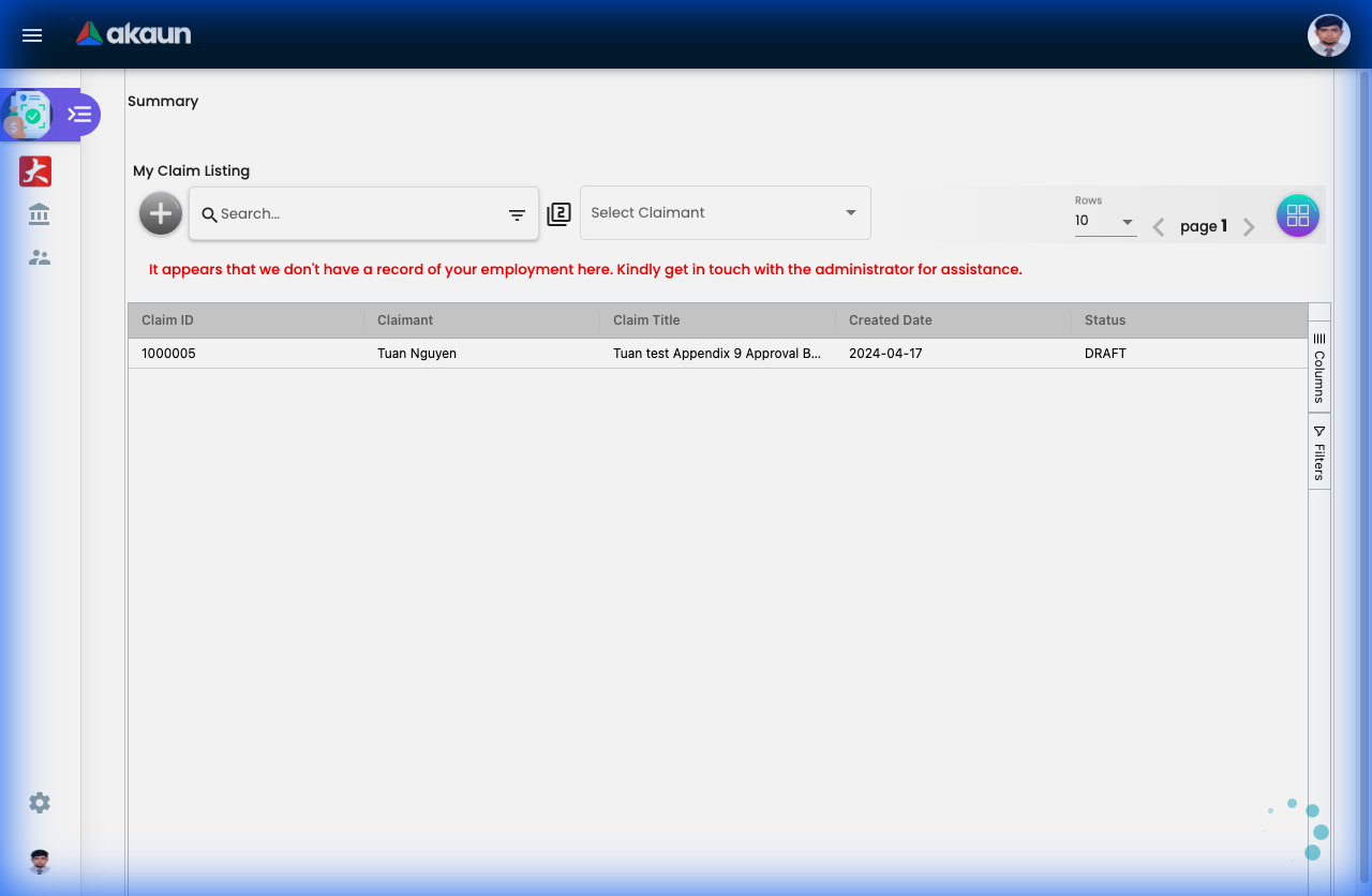 My Claims Listing showing claim summary with Draft, Submitted, Approved and Closed tabs