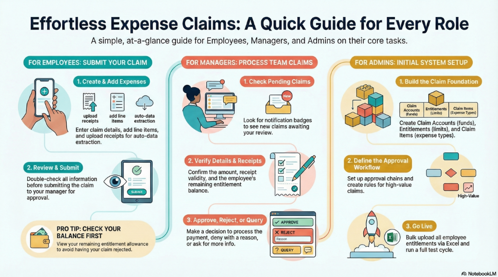 Effortless Expense Claims: A Quick Guide for Every Role - showing workflows for Employees, Managers, and Admins