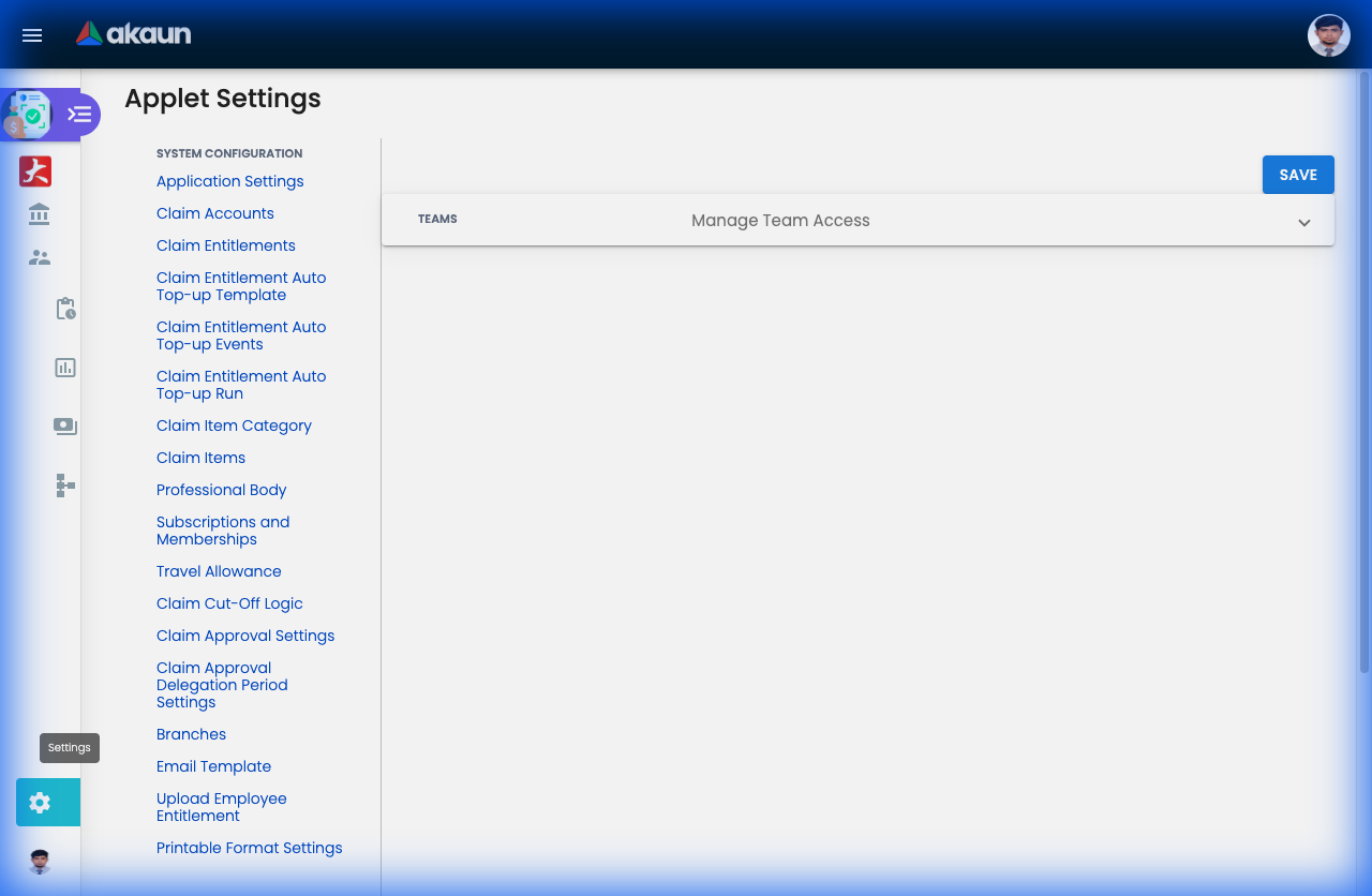 Applet Settings page showing all configuration options including Claim Accounts, Entitlements, Approval Settings, and more