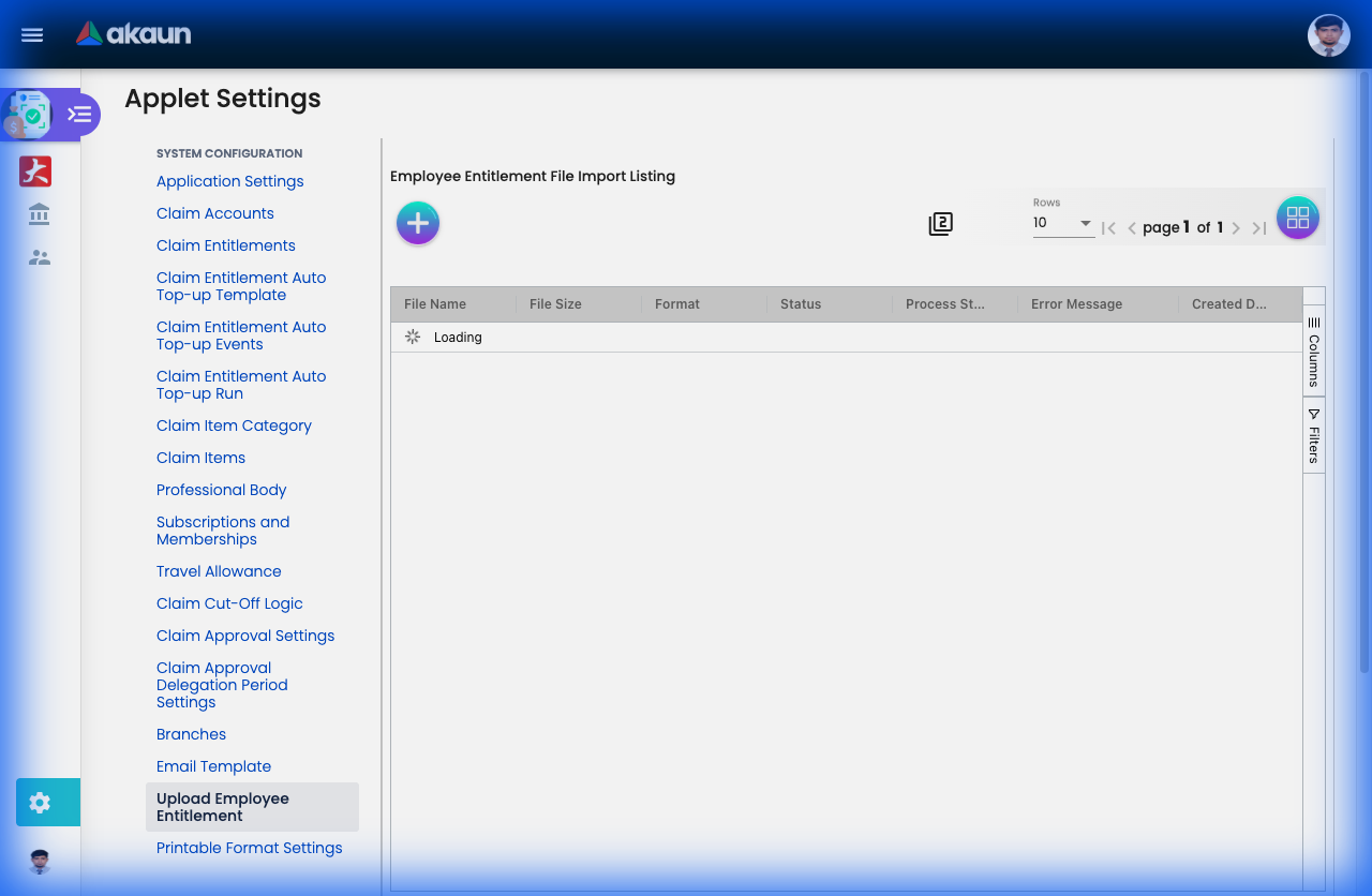 Upload Employee Entitlement page for bulk importing entitlements