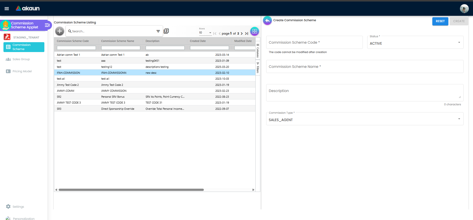 Create Commission Scheme form with code, name, status, description, and commission type fields