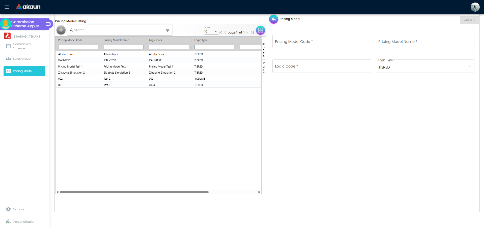 Create Pricing Model form with model code, name, logic code, and logic type