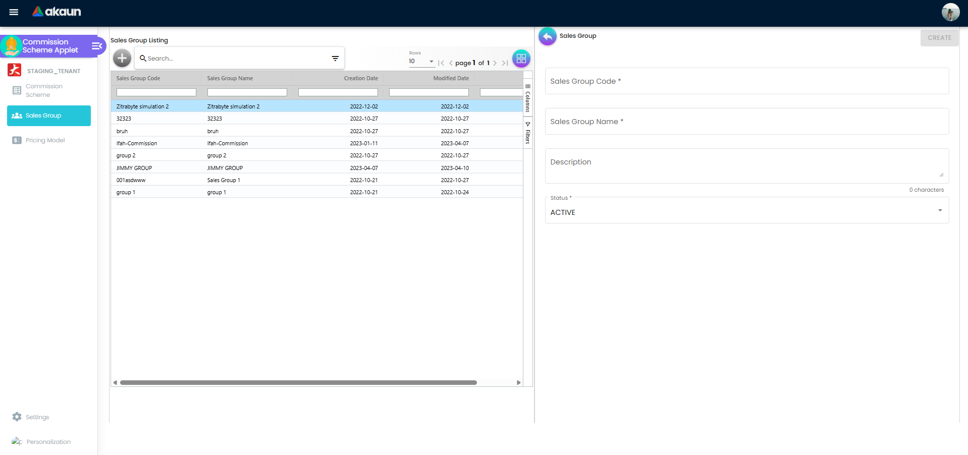 Create Sales Group form with code, name, description, and status fields
