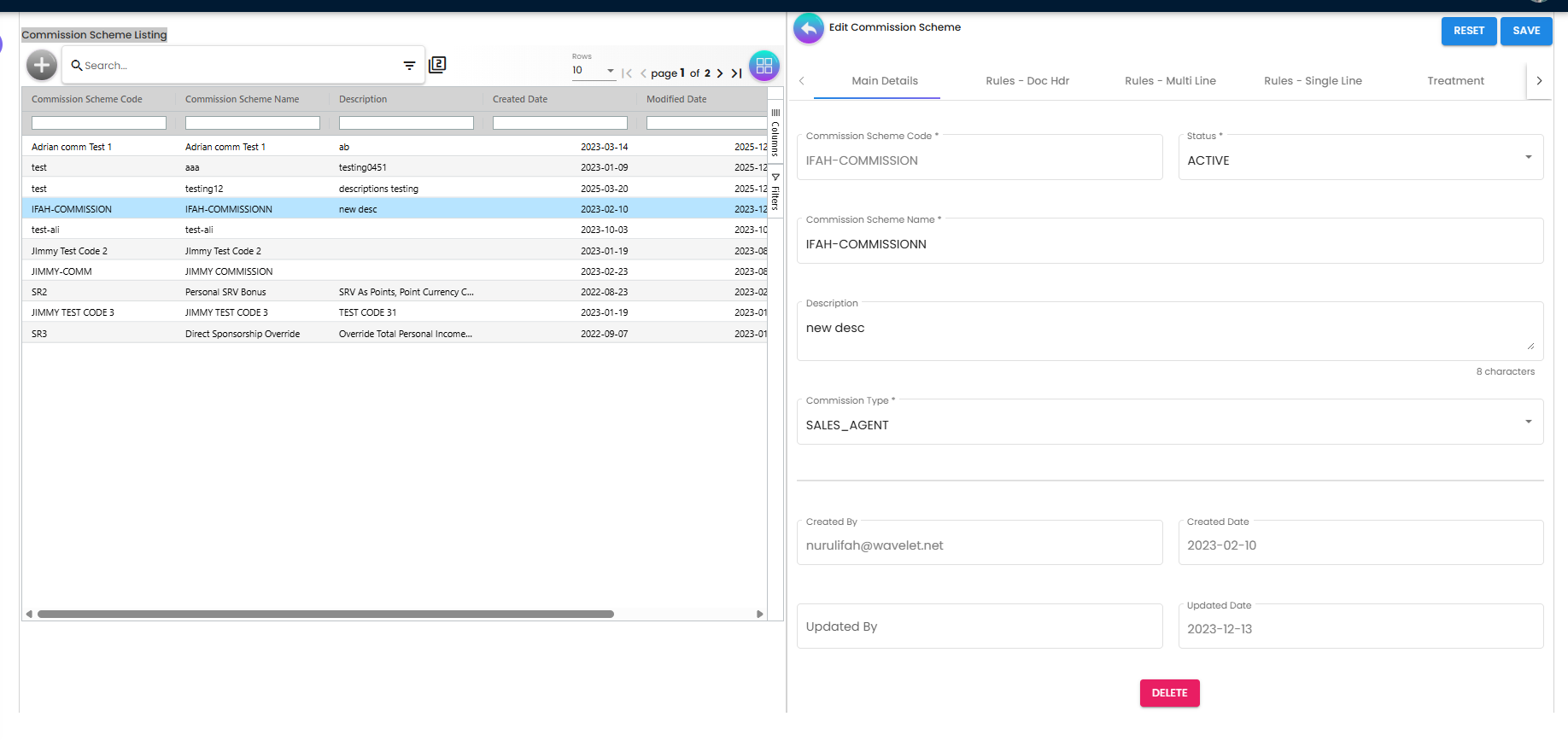 Edit Commission Scheme Main Details tab with scheme code, name, status, and type