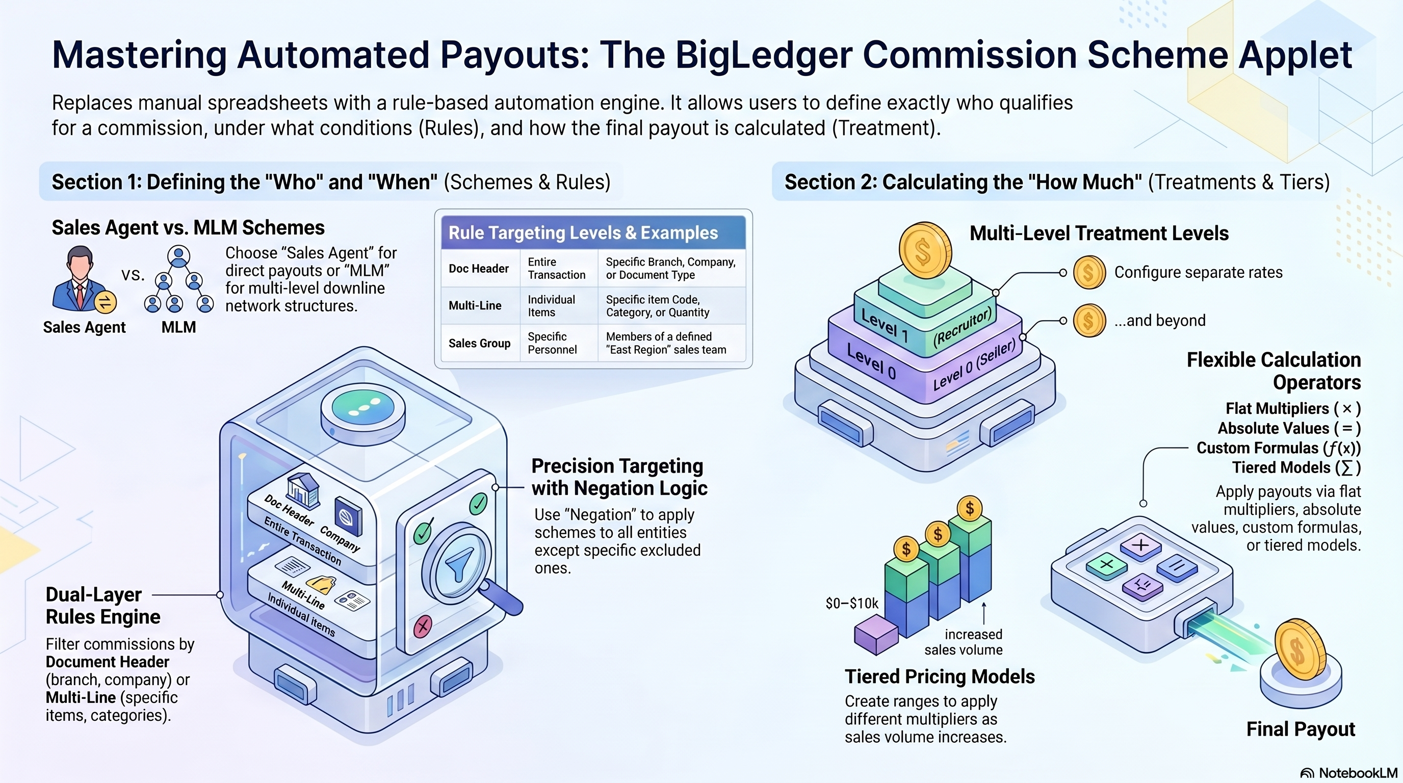 Commission Scheme Applet infographic explaining rules, treatment levels, and tiered pricing model payouts