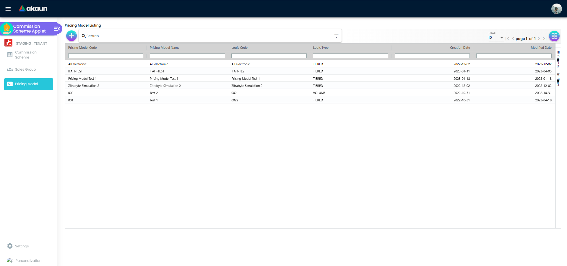 Pricing Model Listing table with model code, name, logic code, and logic type