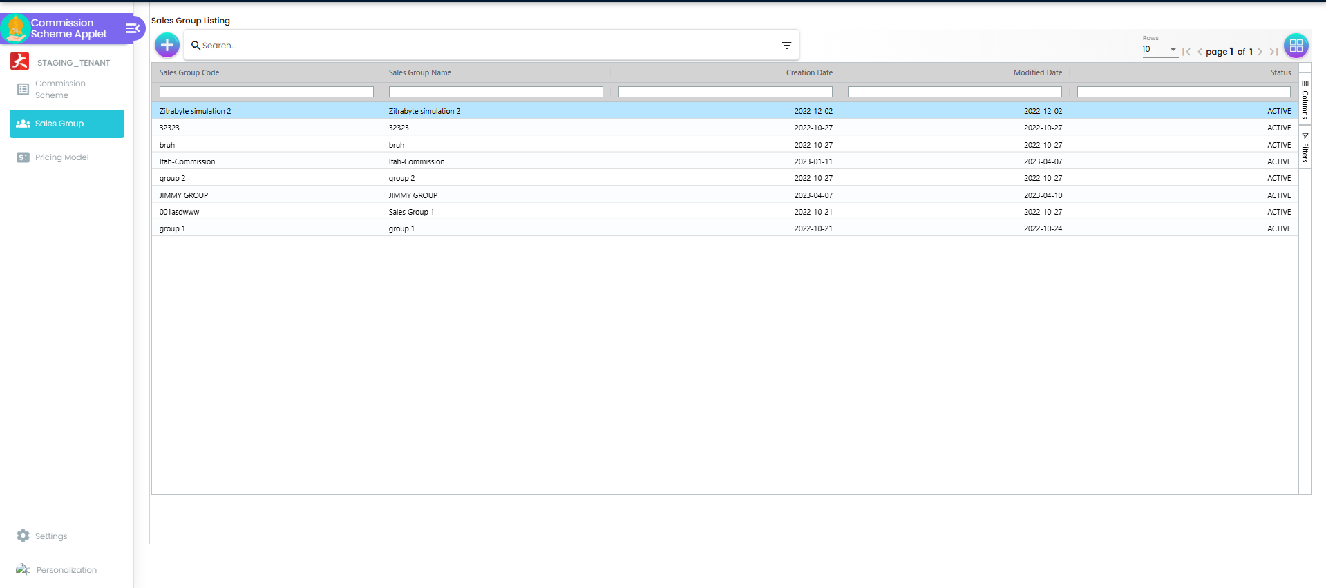 Sales Group Listing table showing group codes, names, and status