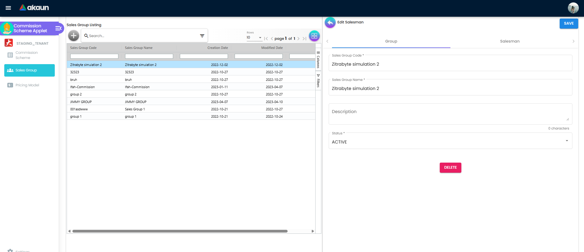 Edit Salesman group tab with sales group details