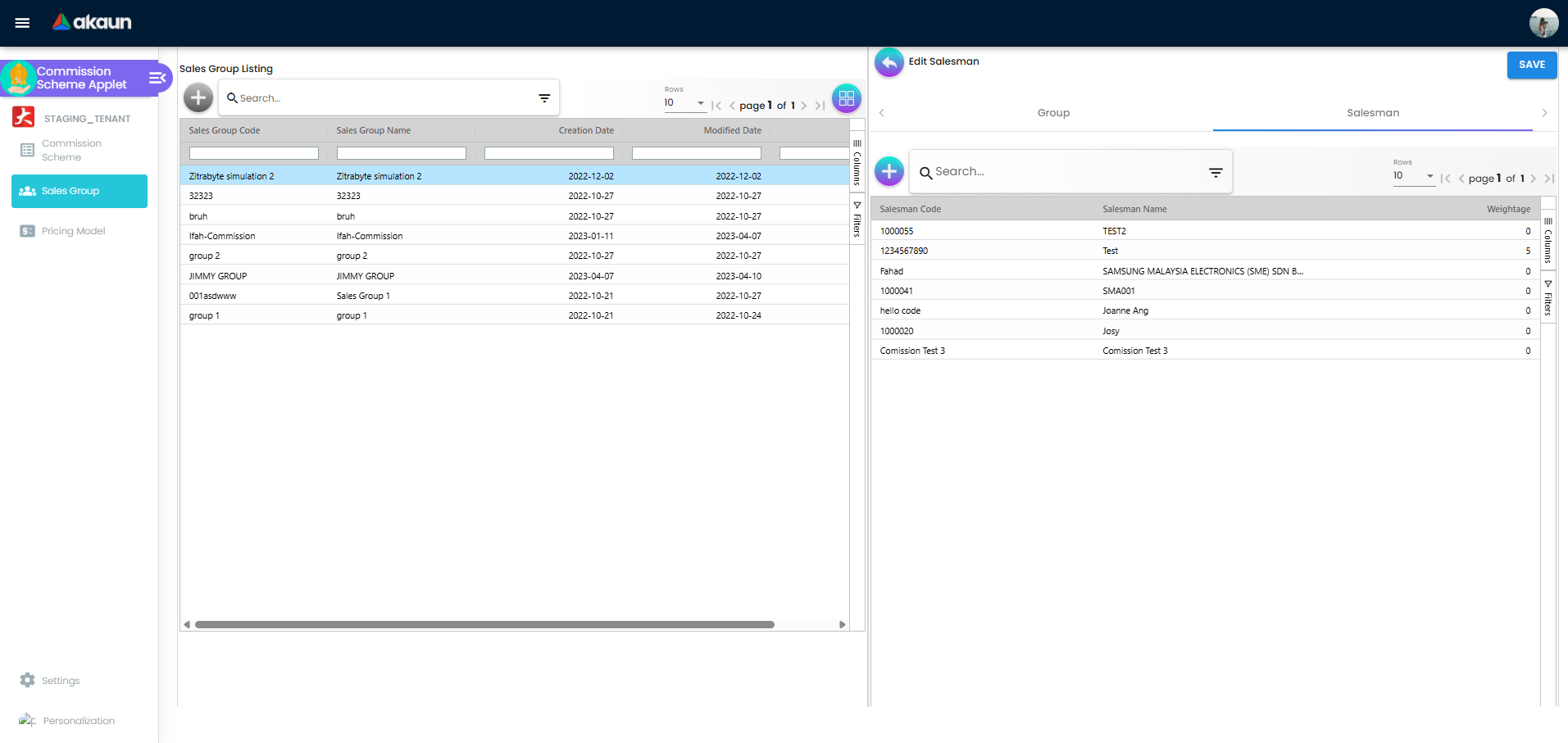 Salesman tab listing members linked to a selected sales group