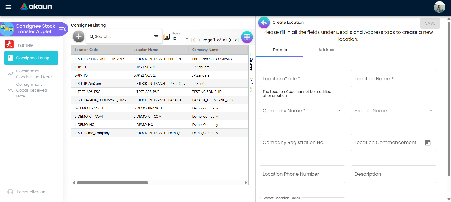 Consignee listing and applet menu
